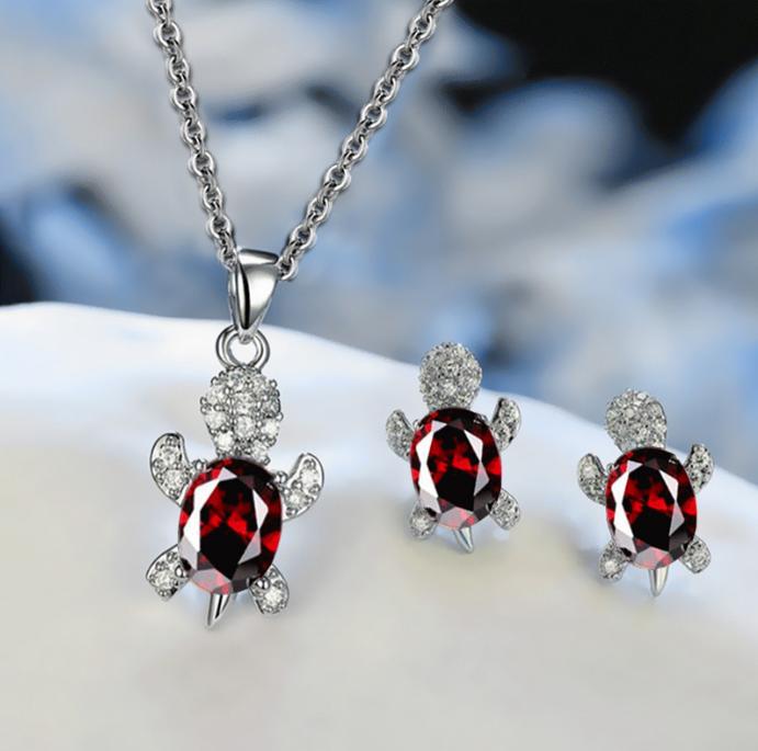 Silver-plated Necklace Earrings Set Ladies Light Luxury Fashion Style Turtle Shape With Multi Color Glass Diamond