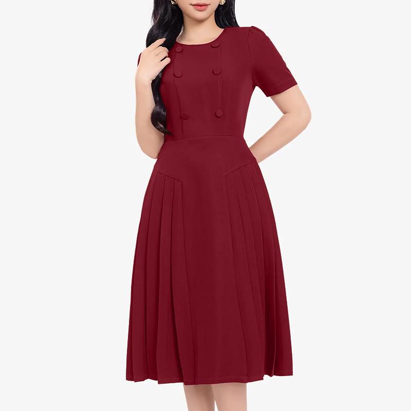

ZANZEA Women Elegant Casual Round Neck Solid Color Short Sleeve A-Line Dress S красный