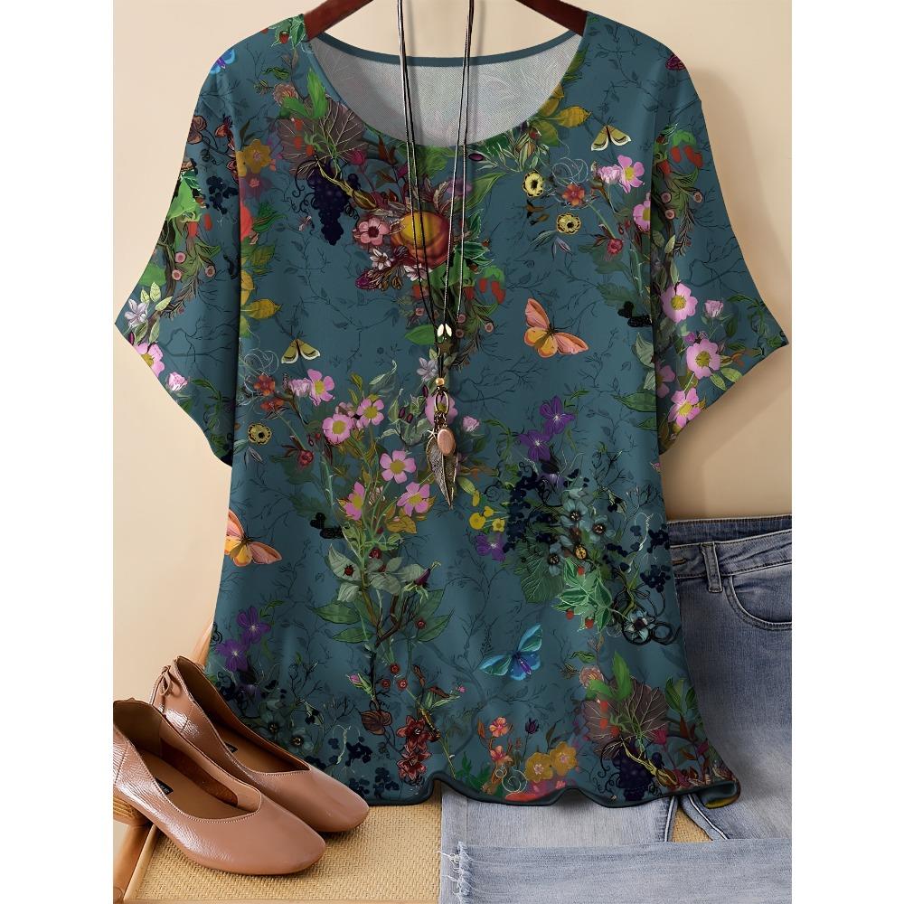 Summer Women's Vintage Style Flower Round Neck T-shirt 3D Printed Short Sleeved Fashionable Comfortable Soft Breathable Large Loose T-shirt