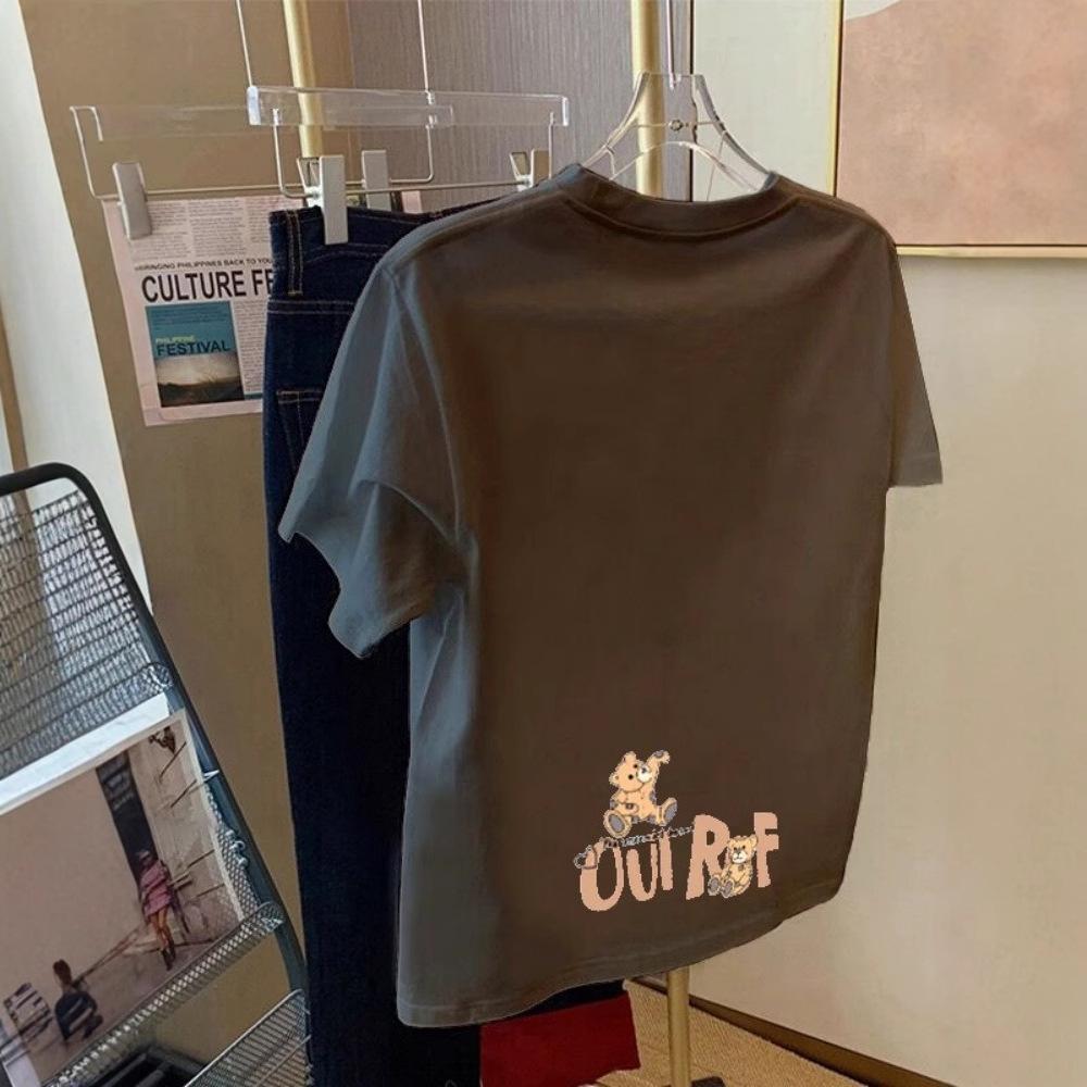Apricot shoulder cartoon print short-sleeved t-shirt women's summer white cotton loose top