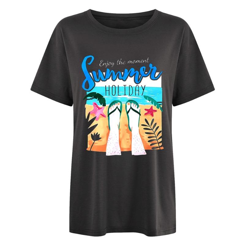 Spring Summer Letter Beach Sea View Pattern Printed Women's Loose Casual Round Neck Pure Cotton Short Sleeved T-Shirts Women’s