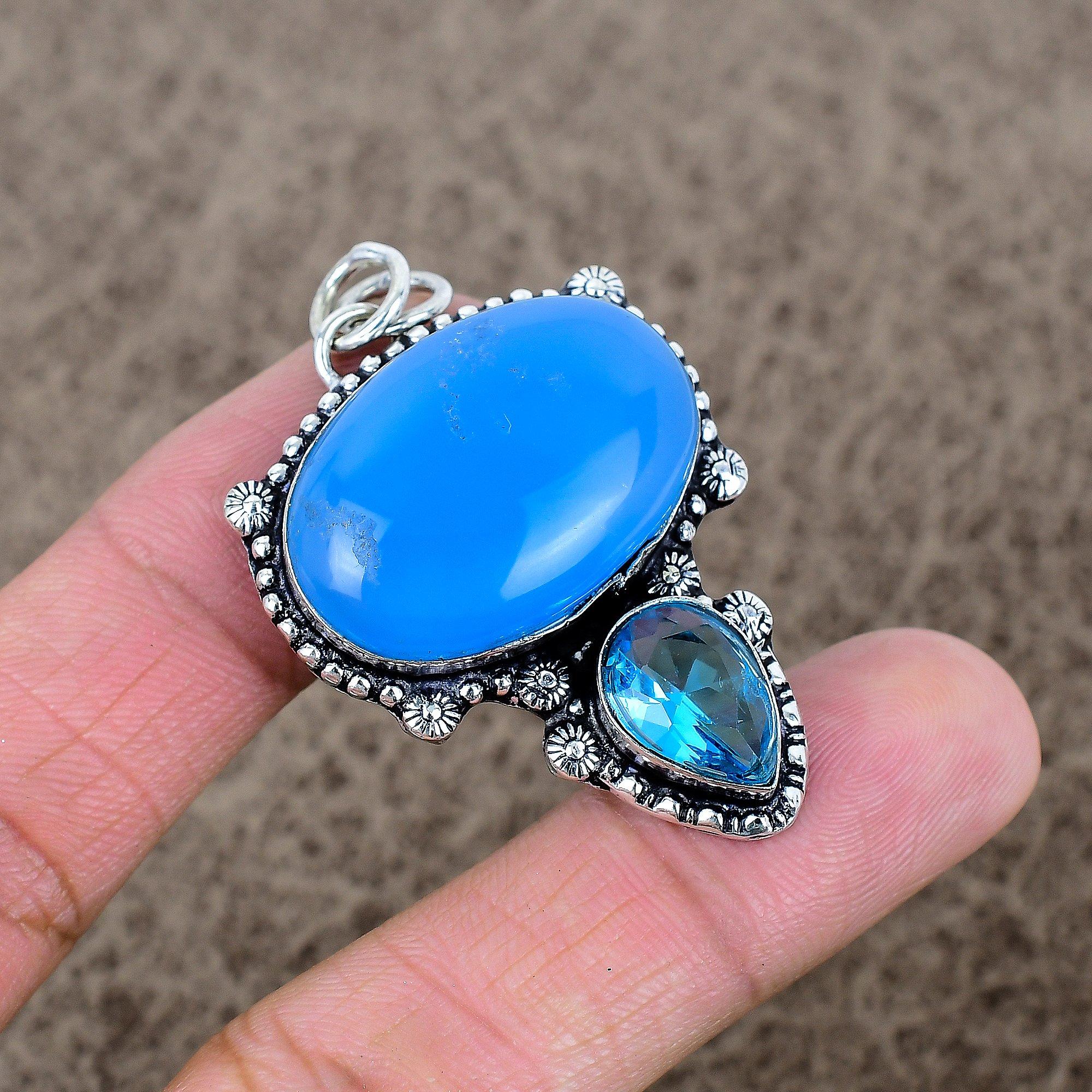 

Blue Chalcedony, Topaz Gemstone 925 Sterling Silver Jewelry Pendant 2.05 KKG-328
