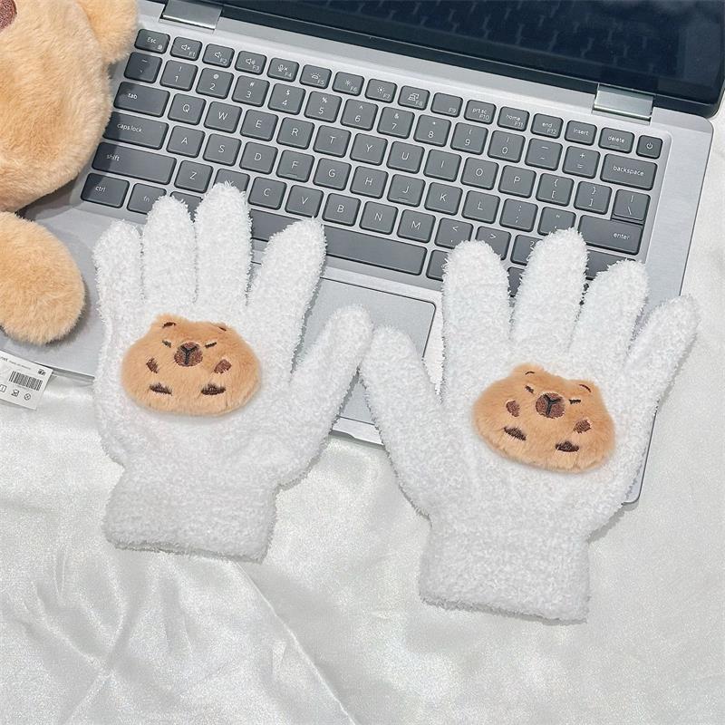 Cute Capybara Gloves Plush Coral Fleece Cold-Proof Gloves Five-Finger Gloves Student Winter Warmer Gloves Girly Christmas Gifts