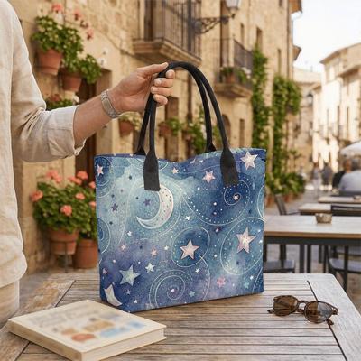  Watercolor Star Moon Print Tote Bag Casual Large Capacity Shoulder Handbag for Daily Use
