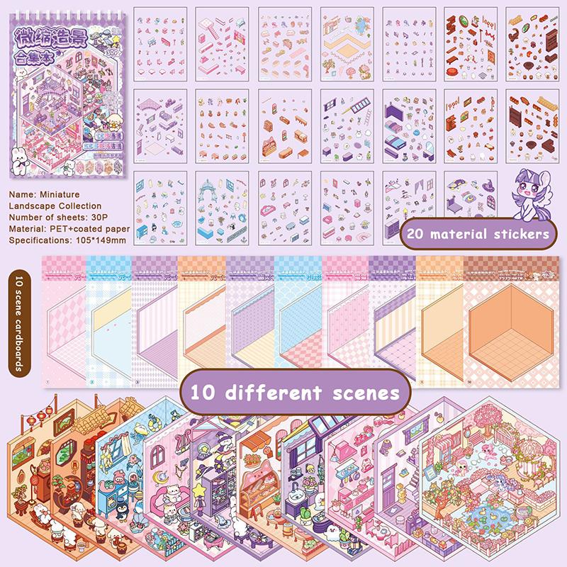 1 Set  Cabin Scene Pocket Stickers Cartoon Diy 3D Landscape Sticker Book Festival Birthday Gift For Student Kid Child