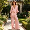 Casual Two-piece Outfit Women's 2 Piece Cotton Linen Set, Long Sleeve V Neck Blouse Spring Autumn Women Wear And Wide Leg Pants Matching Summer