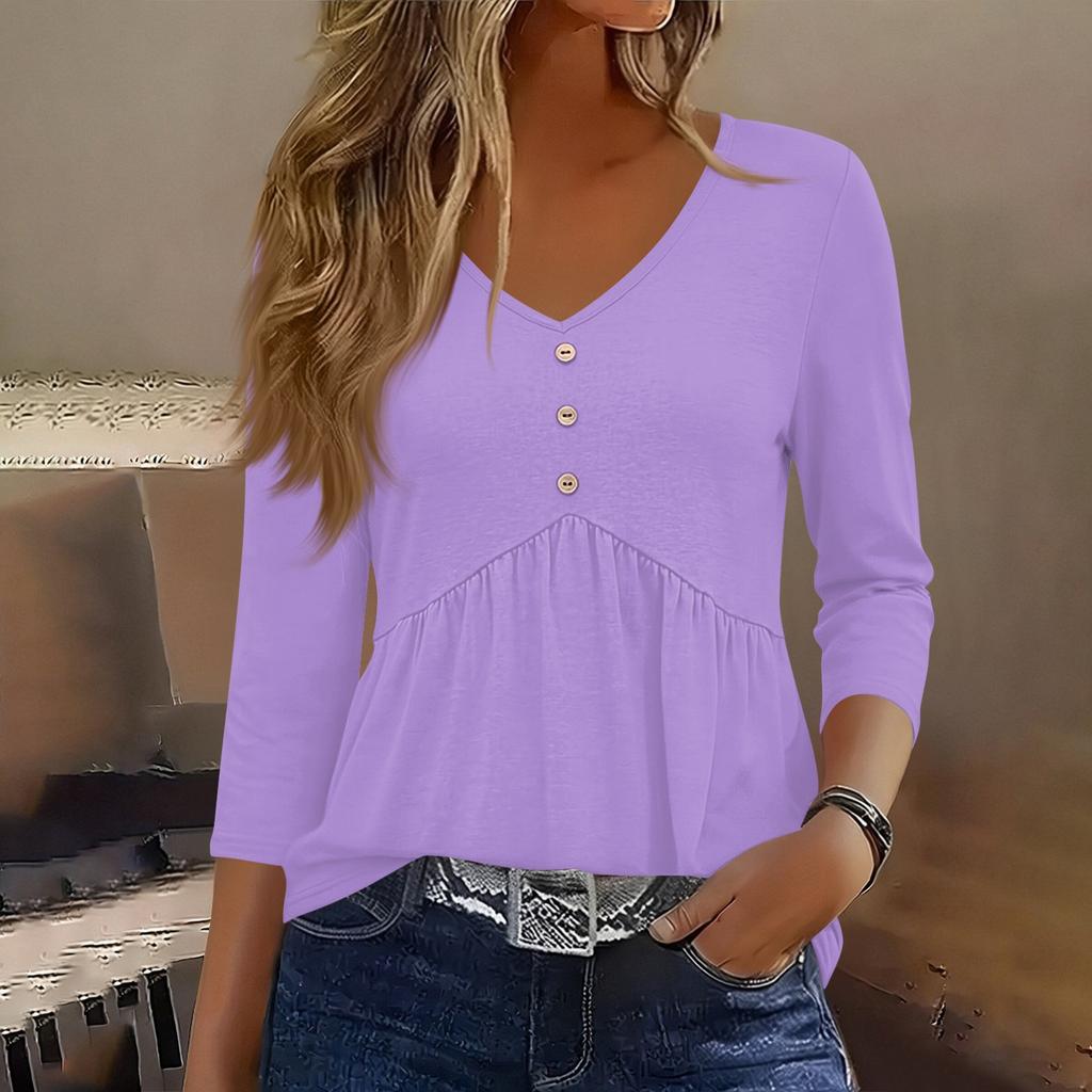 Womens 3/4 Sleeve V Neck Button Detail Solid Color Casual Loose Fit Tunic Top with Gathered Waist and Rounded Hem