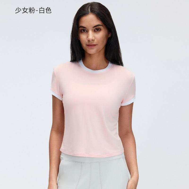 Contrasting Color Front Shoulder Short Sports Short-sleeved T-shirt Women's Summer Solid Color Round Neck Sports Yoga Top