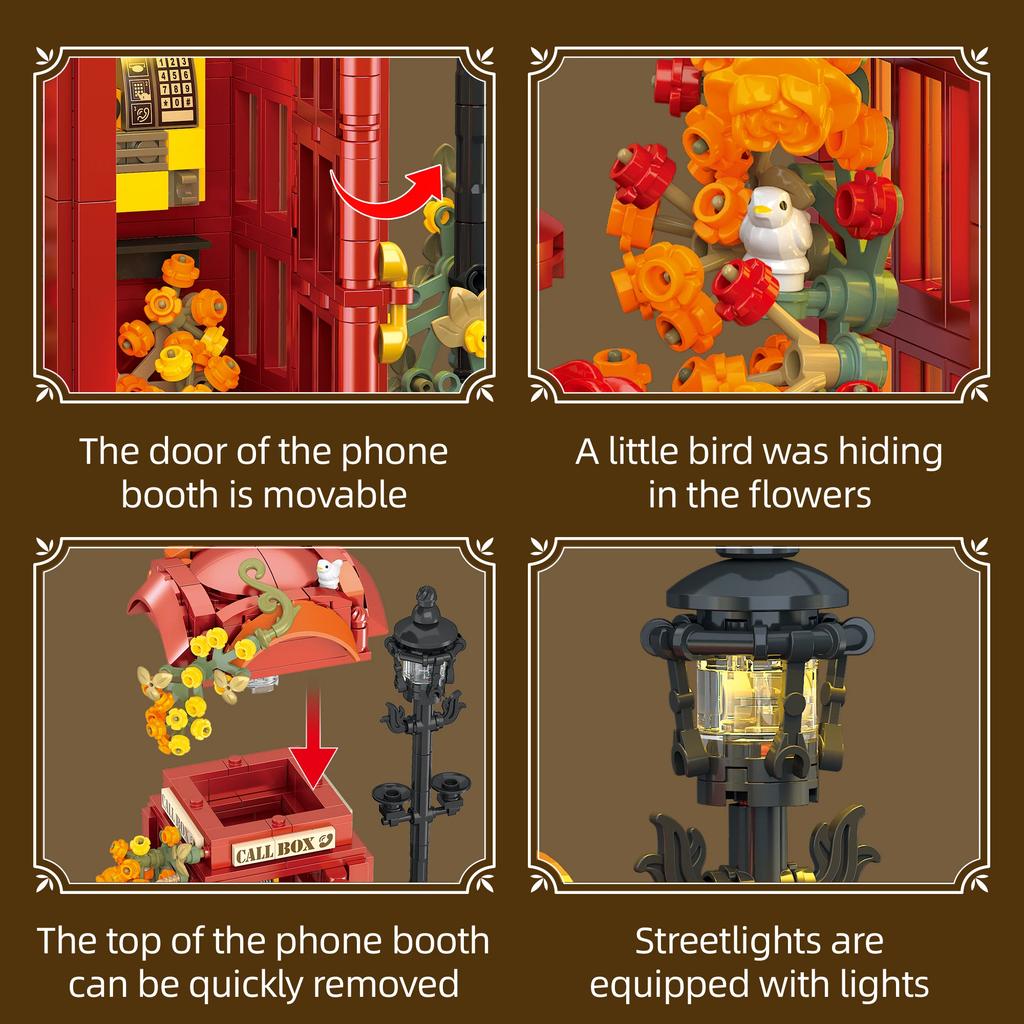 Non-Toxic 1142Pcs Vintage Red Phone Booth Model Kit Building Blocks Set Classic Mailbox Floral Light 3D Desktop Decoration Moc Style Gift