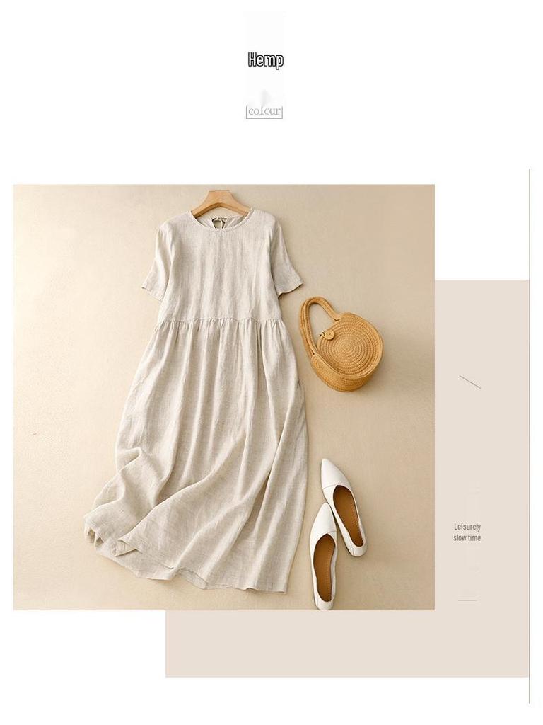 2025 Summer Literary Loose Cotton Linen Dress - Women's Solid Color, Round Neck, Short Sleeve, Mid-Length