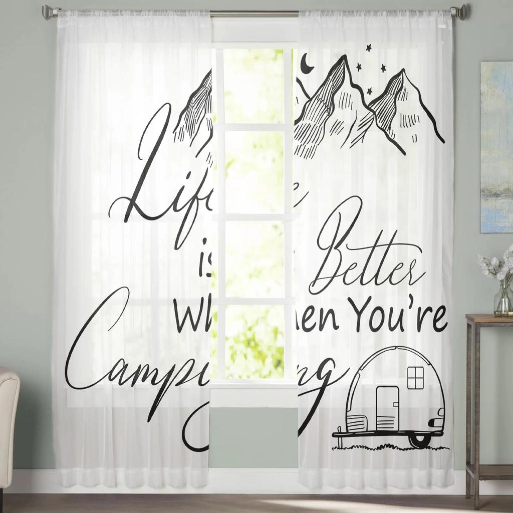 Camping Camper Mountain Stars Moon Tyll Gardiner för vardagsrum Kök Sovrum Skir Tyll för café Hotell Modern heminredning