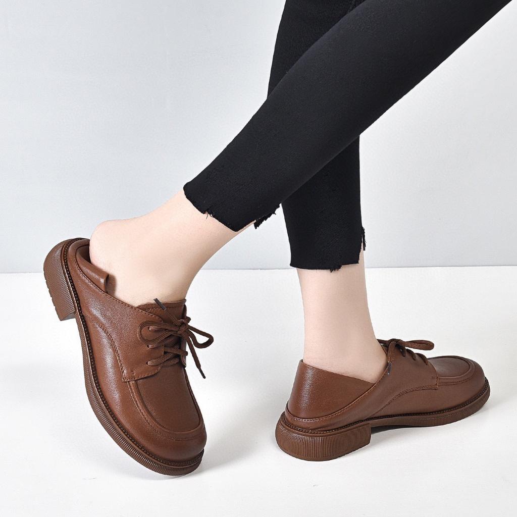 Casual spring new lace-up thick heel single shoes first layer cowhide one shoe two wear leather shoes