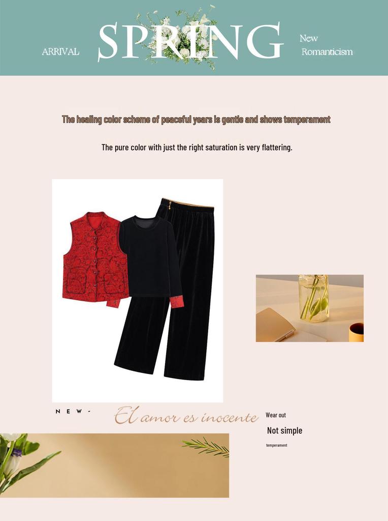 Spring Gold Velvet Suit - Chinese Zodiac Style for Middle-Aged Women