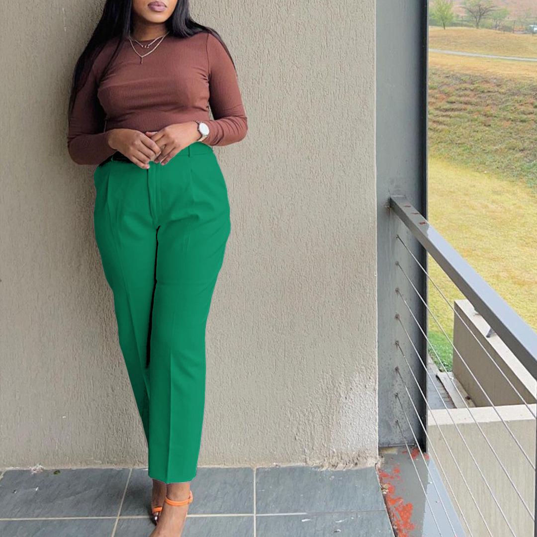

Spring Fashion Women s High-Waisted Solid Color Slim-Fit Pants for Europe and America M зелёный