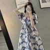 New Summer Fashion: High-End Mid-Length Maternity Dresses with Printed Puff Sleeves