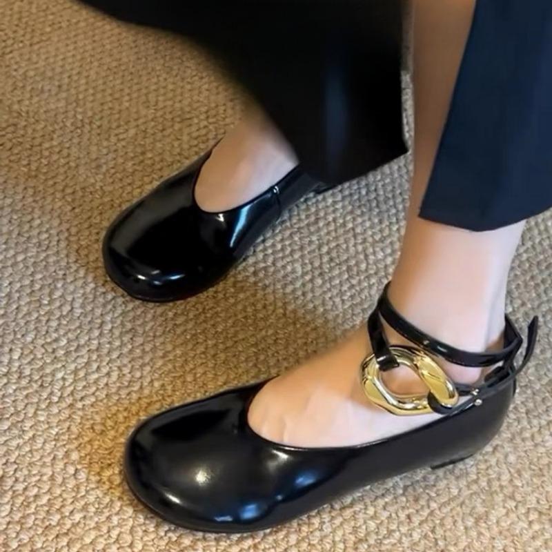 Inner Increase Women's Shoes Spring New Round Head Shallow Mouth Metal Buckle A Word with Light Single Shoes