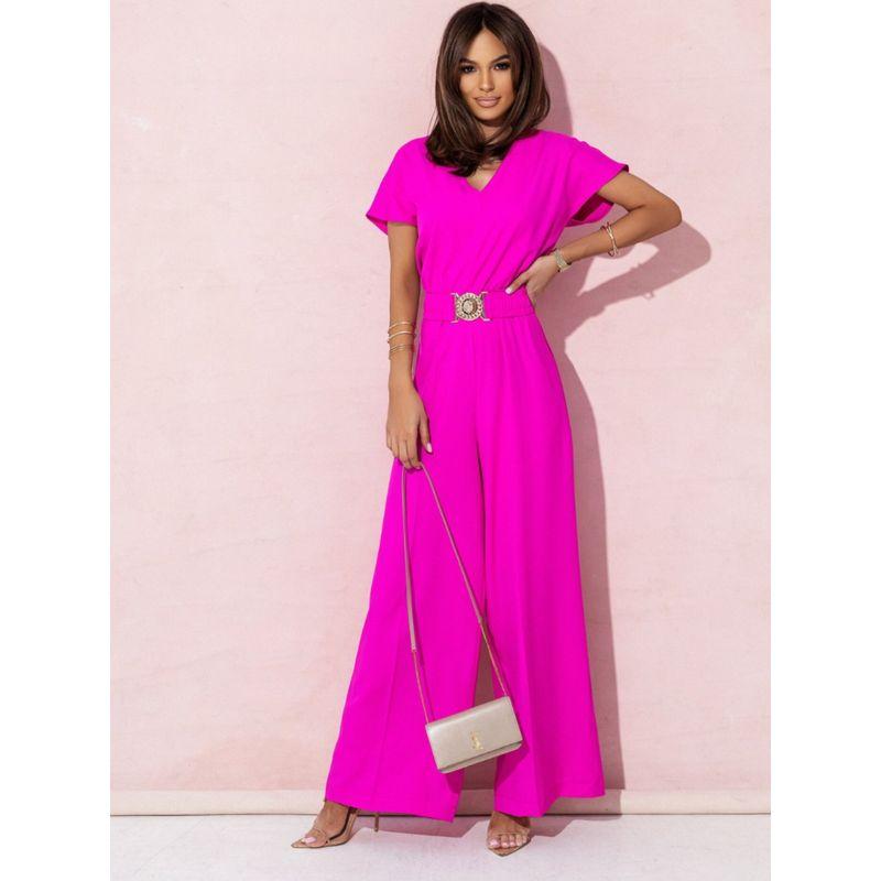 Fashion Spring/Summer New V-neck Fashion Temperament Pure Color Minimalist Loose Wide Leg Short Sleeve One-Piece Pants Jumpsuit
