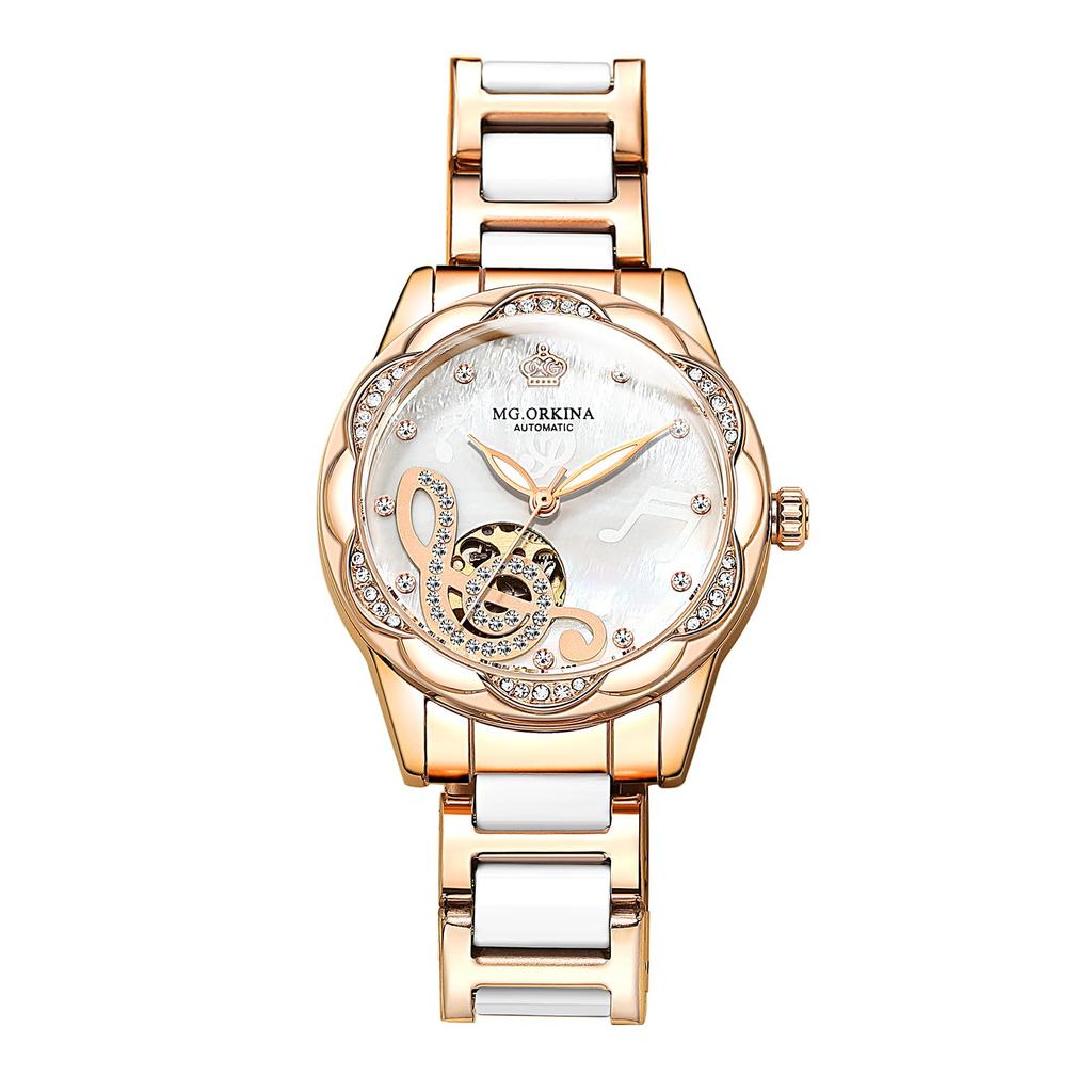 BOLYTE Fashionable Openwork Mechanical Watch Mother of Pearl Ceramic Stainless Steel Diamond Music Ladies Automatic Watch Waterproof Luminous Women's