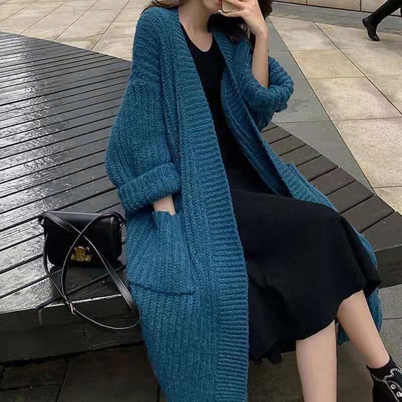 Autumn and Winter Ladies' Lazy Style Mid-Length Over-the-Knee Sweater Loose and Versatile Long-sleeved Knitted Cardigan