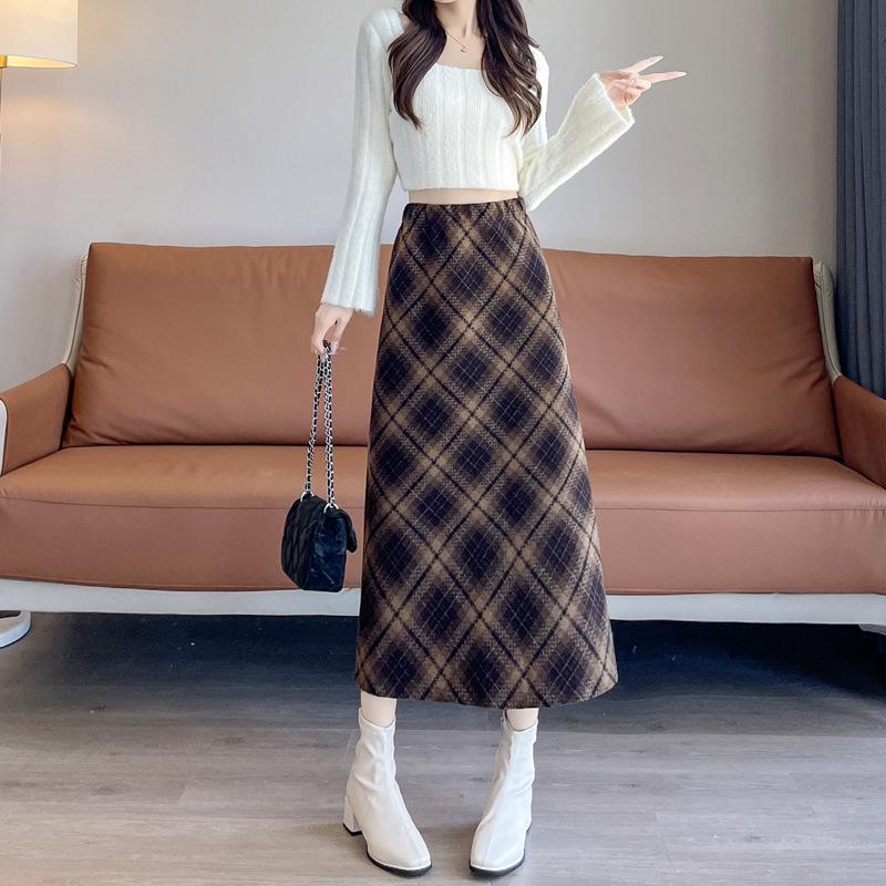 Women's Slimming High Waist Plaid Wool Midi Skirt - Retro Autumn/Winter A-Line Style