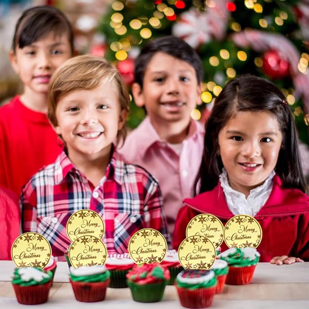 20 Stück Frohe Weihnachten Acryl Cupcake Topper mit schneeflockenförmigen kreisförmigen Weihnachtsfeier Cupcake Dekorationen