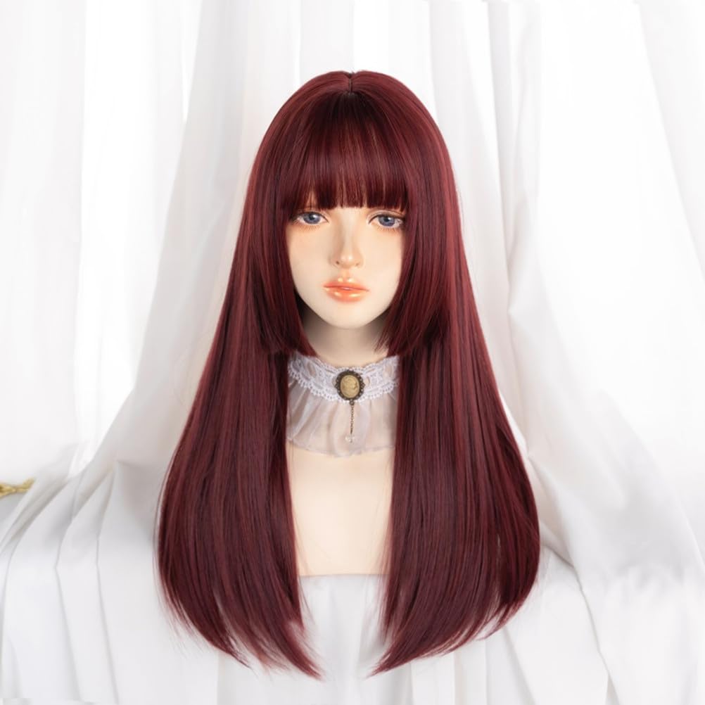 Eileen Cute Princess Cut Wine Red Wig Full Wig Wig Straight Natural Harajuku Style Popular Small Face Effect Net Included Semi-Long Women's