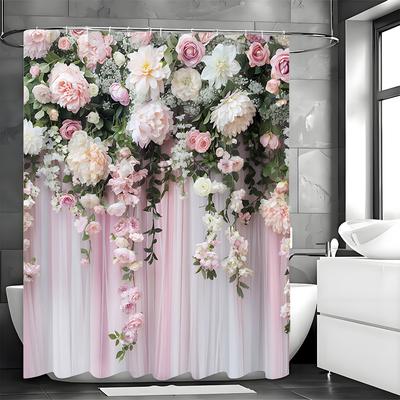 Rose Floral Pink Vorhang Duschvorhang, Badezimmer Dekorativer Duschvorhang, Wasserdichter Duschvorhang mit Haken