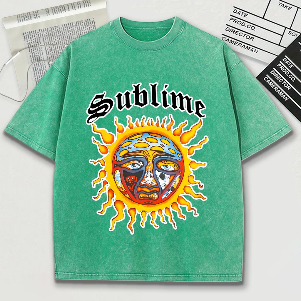 The Sun In Sublime Full Of Holes And Wounds Design Retro Herren T-Shirt Washed Cotton T-Shirt O-Ausschnitt Kurzarm Unisex Top