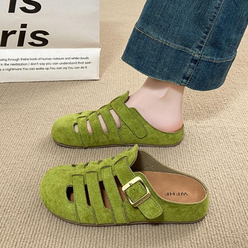 

Женские тапочки с мягкой подошвой для улицы, весна и лето, новые тапочки с закрытым носком и перфорацией, крутые тапочки на толстой подошве, повседневные полутапочки 40 зелёный