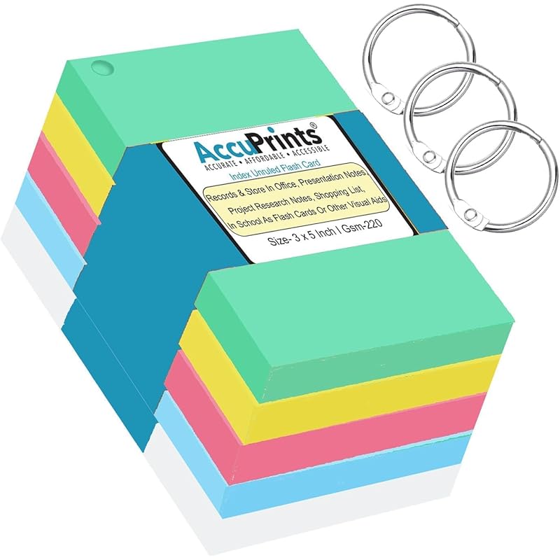 Accuprints 100 Coloured Index Flash Cards Tray - 5 Colours - 3X5 Inch - 100 Cards - 200 Gsm Thick (Unruled)