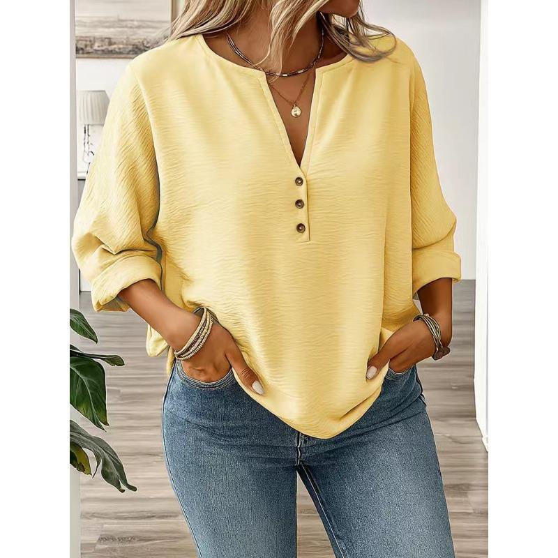 New Women's Casual Long-sleeved V-neck Door Barrel Regular Clean Multi-color Top T-shirt