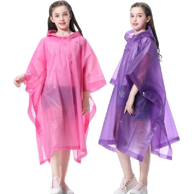 Rain Poncho for Kids (2 Pack), Reusable EVA Children Raincoat Ponchos Rain Jacket with Hood for 6-14 Girls Boys Pink+purple