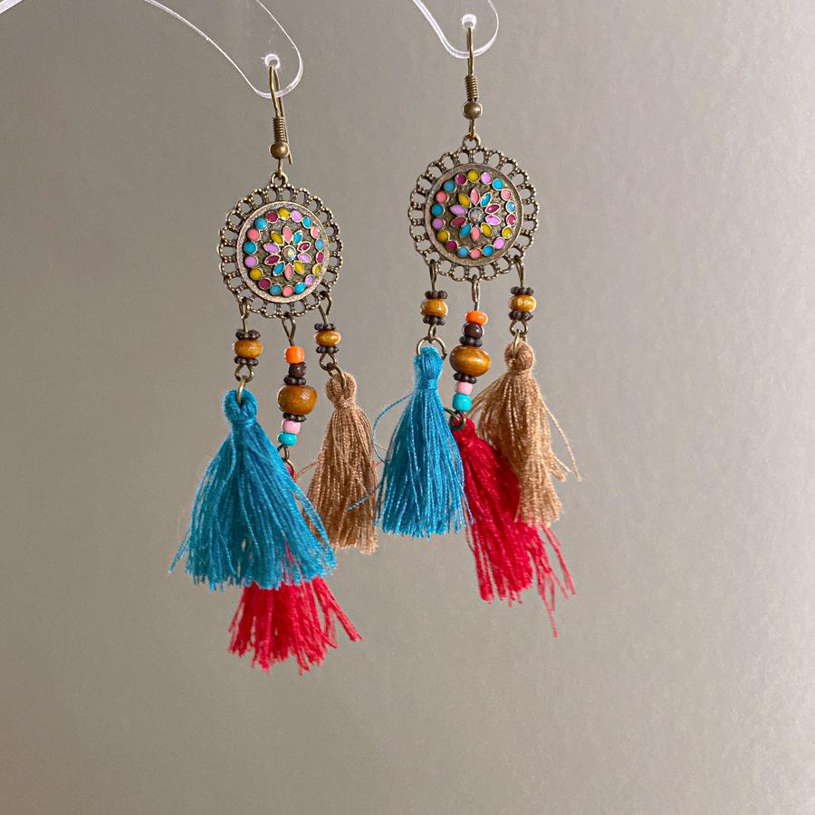 Bohemian Feather Seed Bead Tassel Earrings - Retro Ethnic Dangle Jewelry