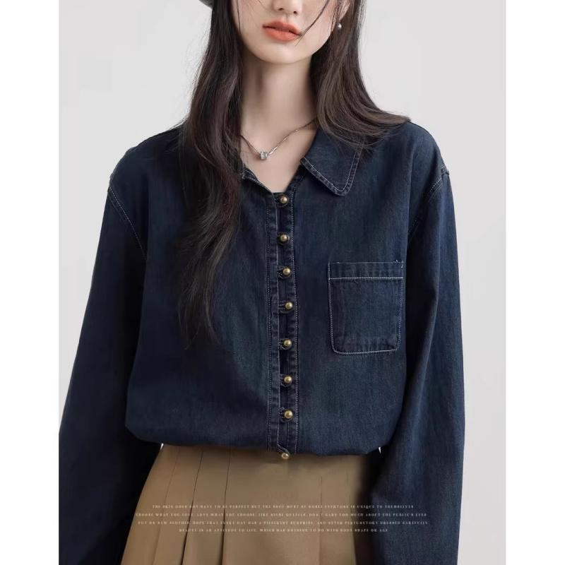 2026 Spring and Autumn New Style POLO Collar Vintage Long Sleeve Denim Shirt for Women, Loose Fit Shirt Jacket