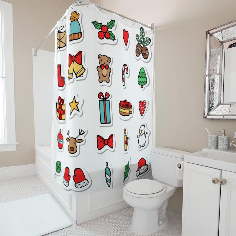 TU Christmas Shower Curtain Festive Holiday Bathroom Decor Reindeer Snowman Pattern Waterproof Fabric Backdrop Home Decoration G
