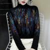 De Rong Women's Rhinestone Long-Sleeve T-Shirt: High-Collar, Autumn/Winter Base Layer with High-End Style