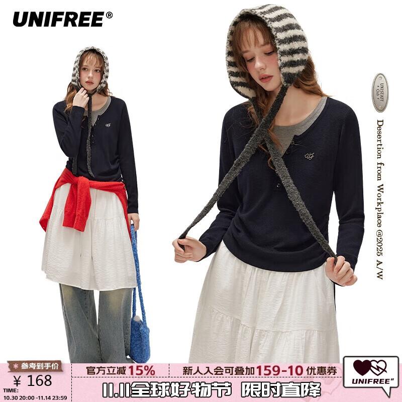

UNIFREE American Retro Faux Two-Piece Color Block Pullover Knitted Sweater One Size