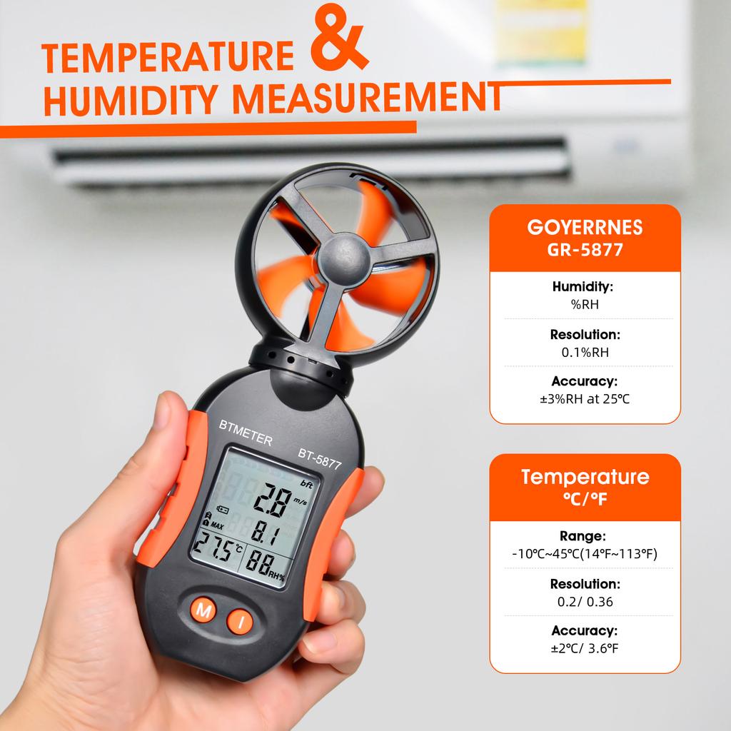  Portable Digital Anemometer, BT-5877 Orange Wind Foliage, Speed Detection Range Mph 1~65, For Meteorological Monitoring