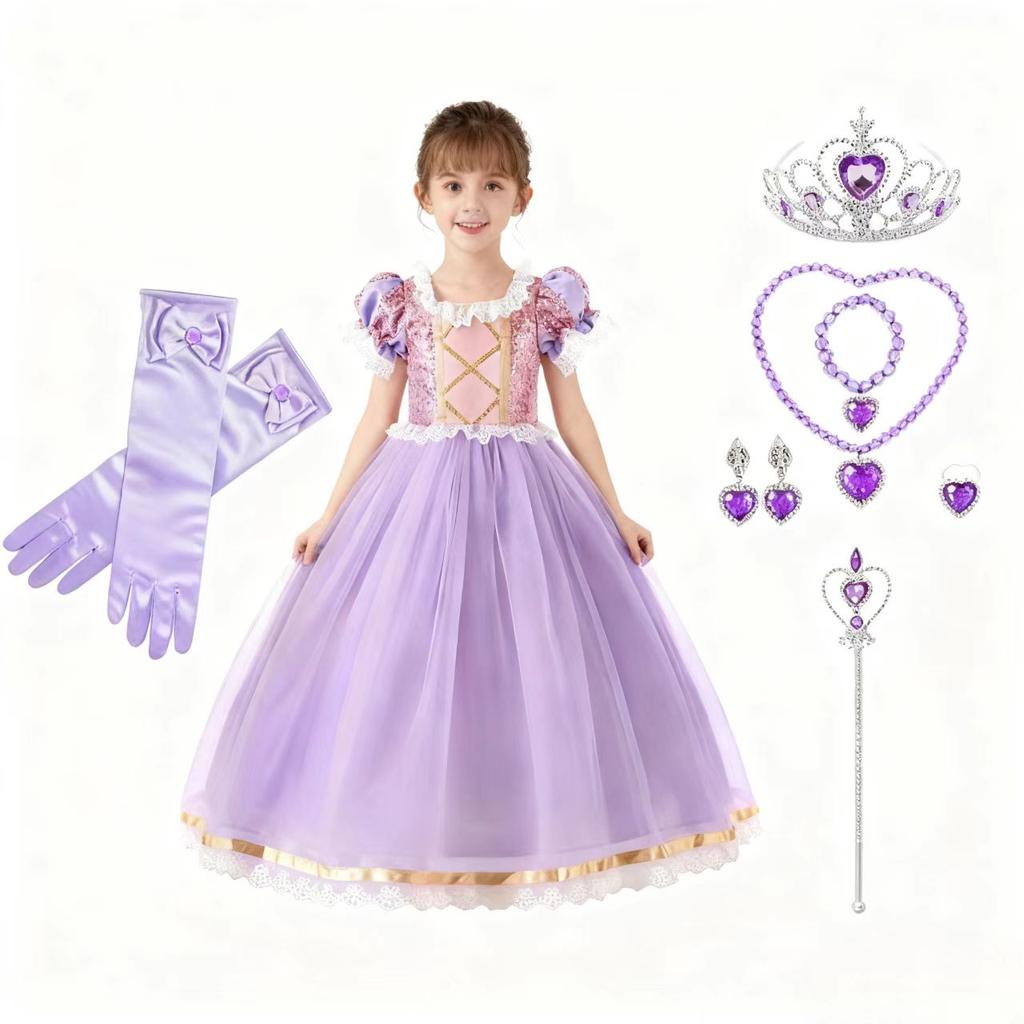 Princess Rapunzel Carnival Costume for Kids, with Crown and Accessories, 11-12 Years, 140-150 cm, Purple Royal