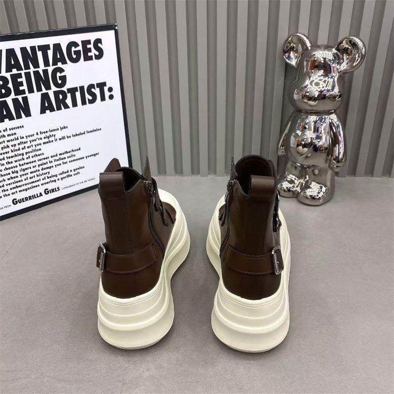 European-Style Genuine Leather Height-Increasing Women's Motorcycle Boots with Thick Sole and Buckle