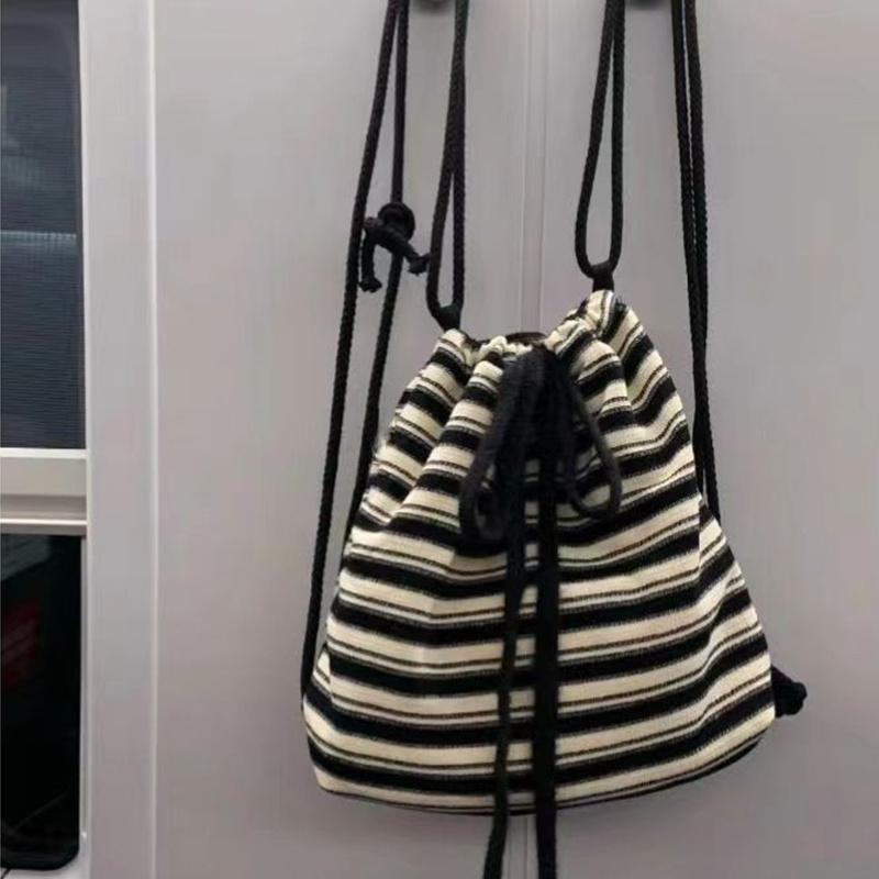 Brand Designer Cotton Striped Women's Backpack Casual Drawstring Bucket School Bag Large Capacity Travel Shoulder Bag CLE