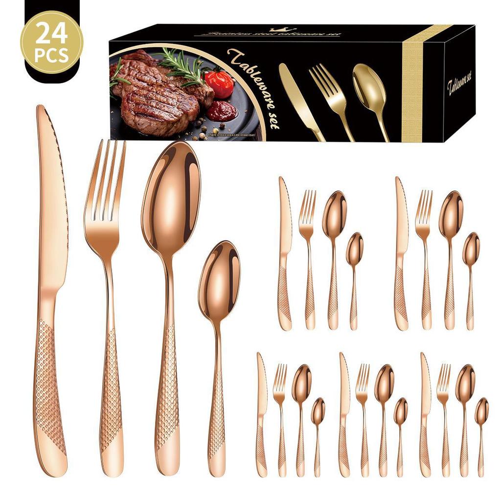 Zestaw 24-częściowej, pozłacanej zastawy stołowej ze stali nierdzewnej o wysokiej wartości: Zestaw noży, widelców i łyżek dla 6 osób, z motywem gwiazdy i diamentu, w pudełku prezentowym.