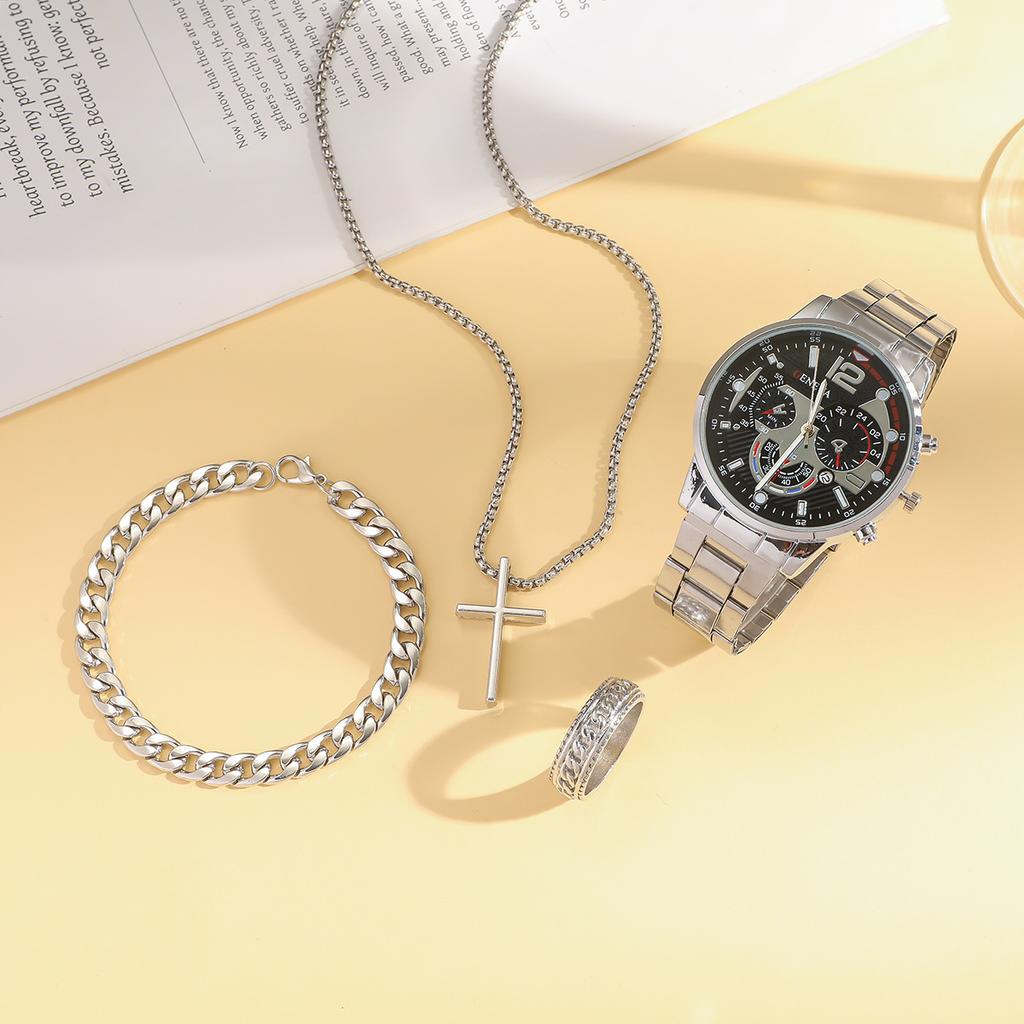 Fashion Business Men'S Watch Calendar Watch Men'S Steel Strap Watch Business Bracelet Set