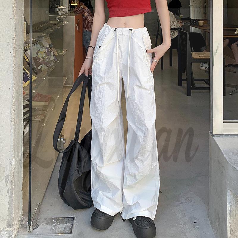 

Женские американские широкие брюки-карго с быстрой сушкой 2026 года - Элегантная летняя спортивная одежда в стиле хип-хоп, до пола. XS белый