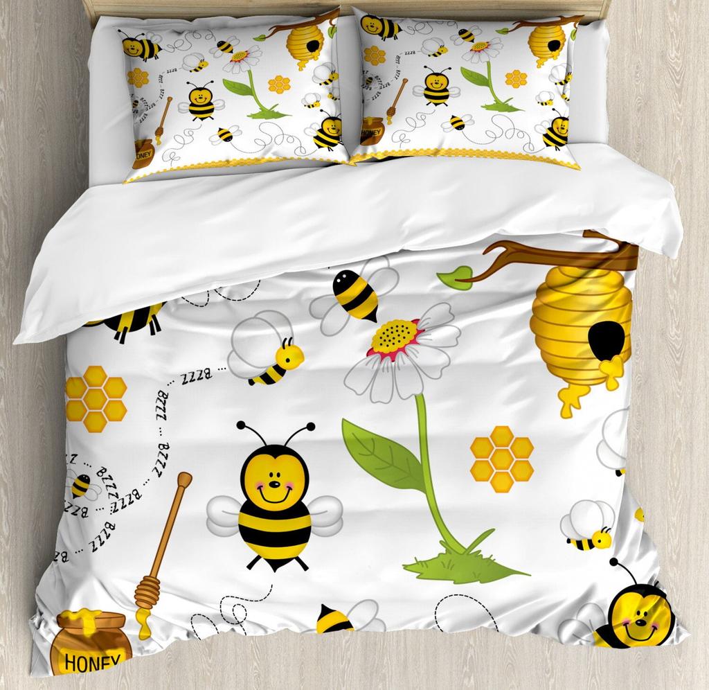 Be Quen Sized Dimensions Soft Duvet Cover Set, Bumble Bes Producing Honey By Filing Honeycombs Cels Themed Graphic Image Print, Soft Warm