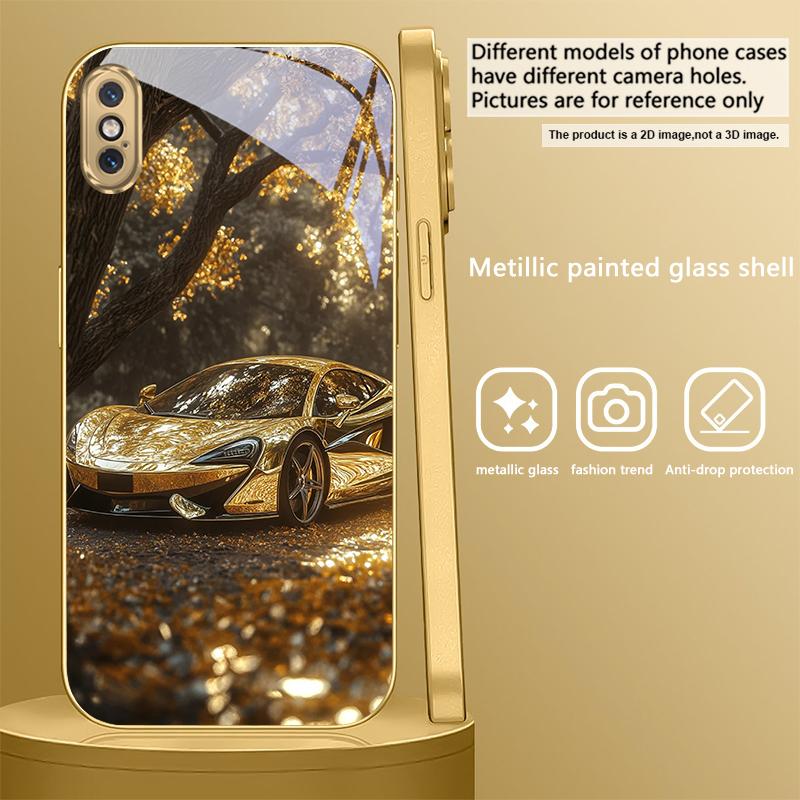 

Golden luxury sports car For IPhone 17Pro Max 16 17 Pro 15 Pro 14 13 Plus 12 Mini 11Pro Max XR 16E 17Air Golden glass phone case iPhone XS