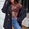 Women Tops Mock Collar Long Sleeve Slim Fit Blouses Sexy See-through Floral Embroidered Lace Mesh Shirt