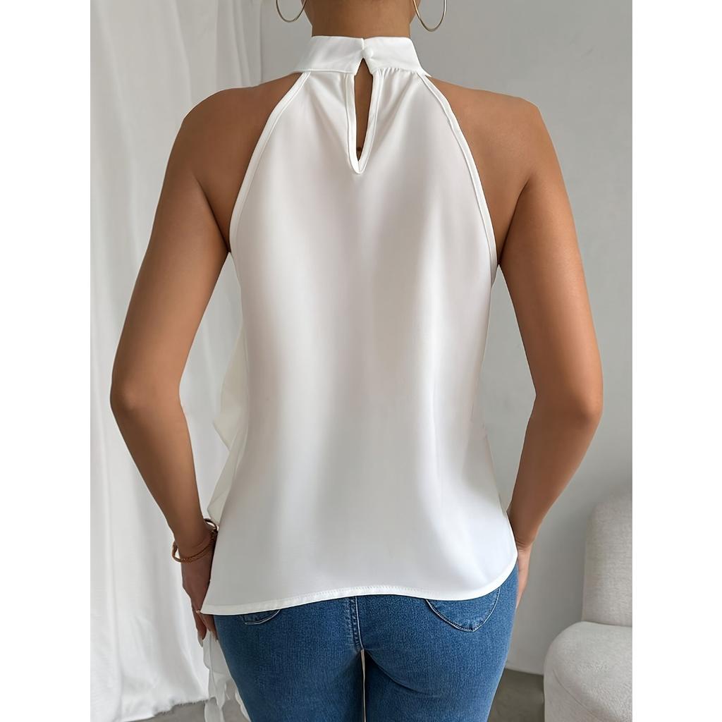 Top da donna con collo alto senza maniche allacciato al collo vestibilità aderente elegante tinta unita con balze in chiffon camicetta