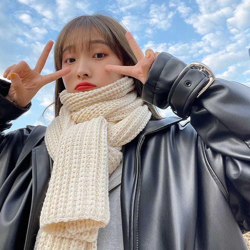 Chunky Knitted Women's Autumn Winter Scarf Korean Style Versatile Japanese Style Winter Warm Long Solid Color Handmade Wool Neck Warmer Men