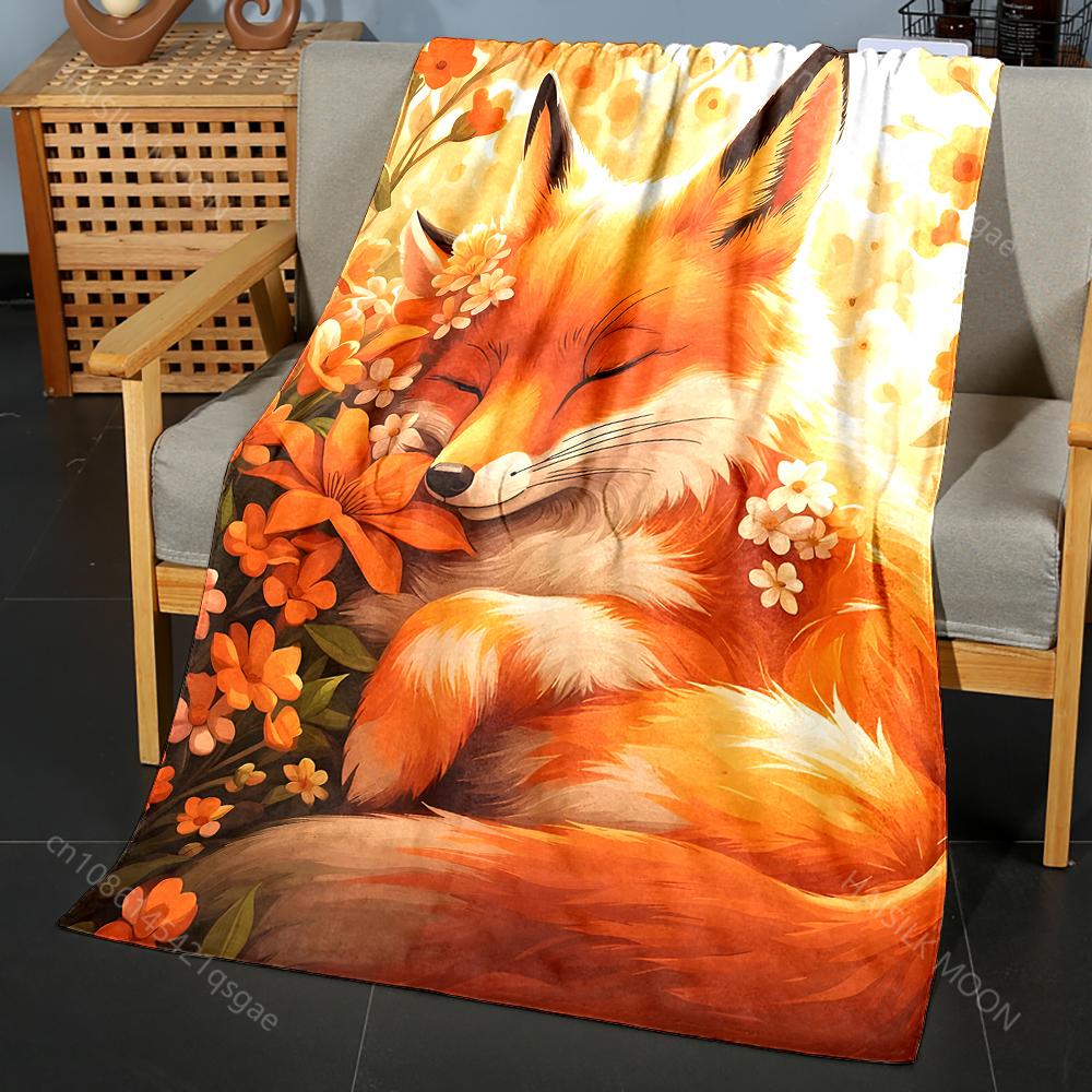 

1PC Fox sleeping in orange flowers Print Blanket Flannel Material Soft Warm for All Seasons Home Outdoor Camping Picnics RV 75x90cm